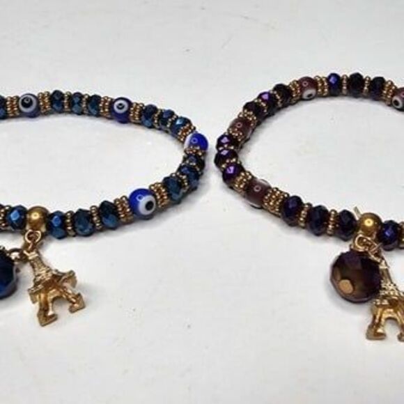 Lot of 3 Blue and Purple Facet Cut AB Coated Stretch Gold Tone Charm Bracelet - Picture 2 of 3